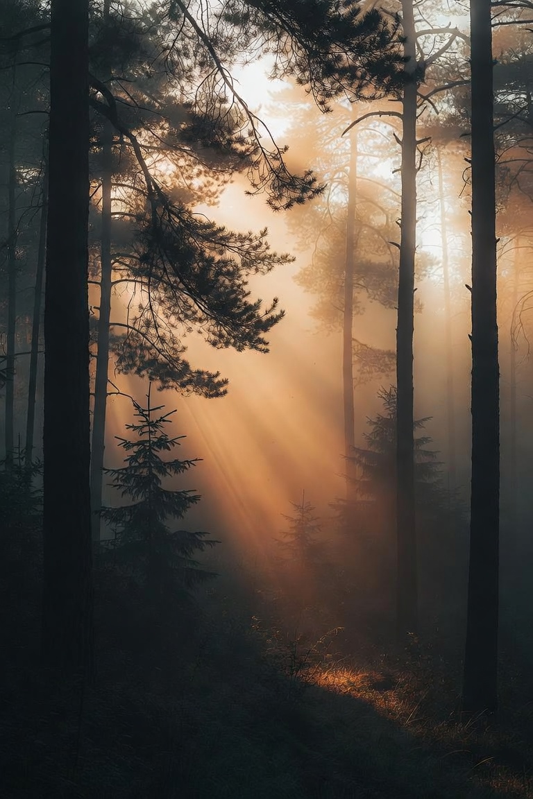 Sumuinen suomalainen metsä auringonvalon pilkistäessä puiden lomasta